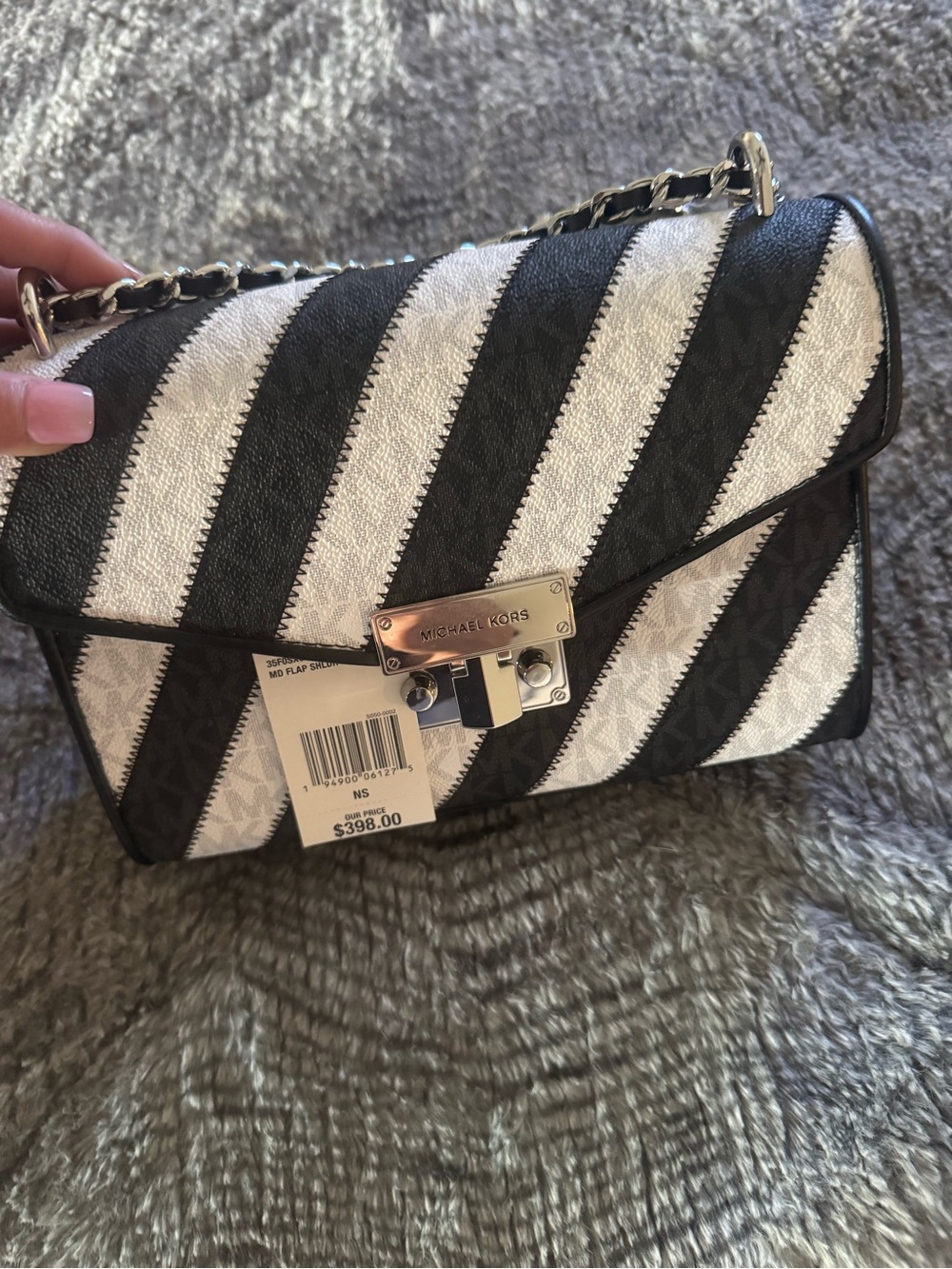Michael Kors Black and White Diagonal Stripe Chain Crossbody